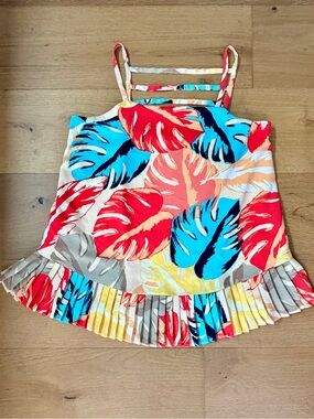 Laundry by Shelli Segal Tropical Monstera Leaf Pleated Tank Top Lined Small EUC